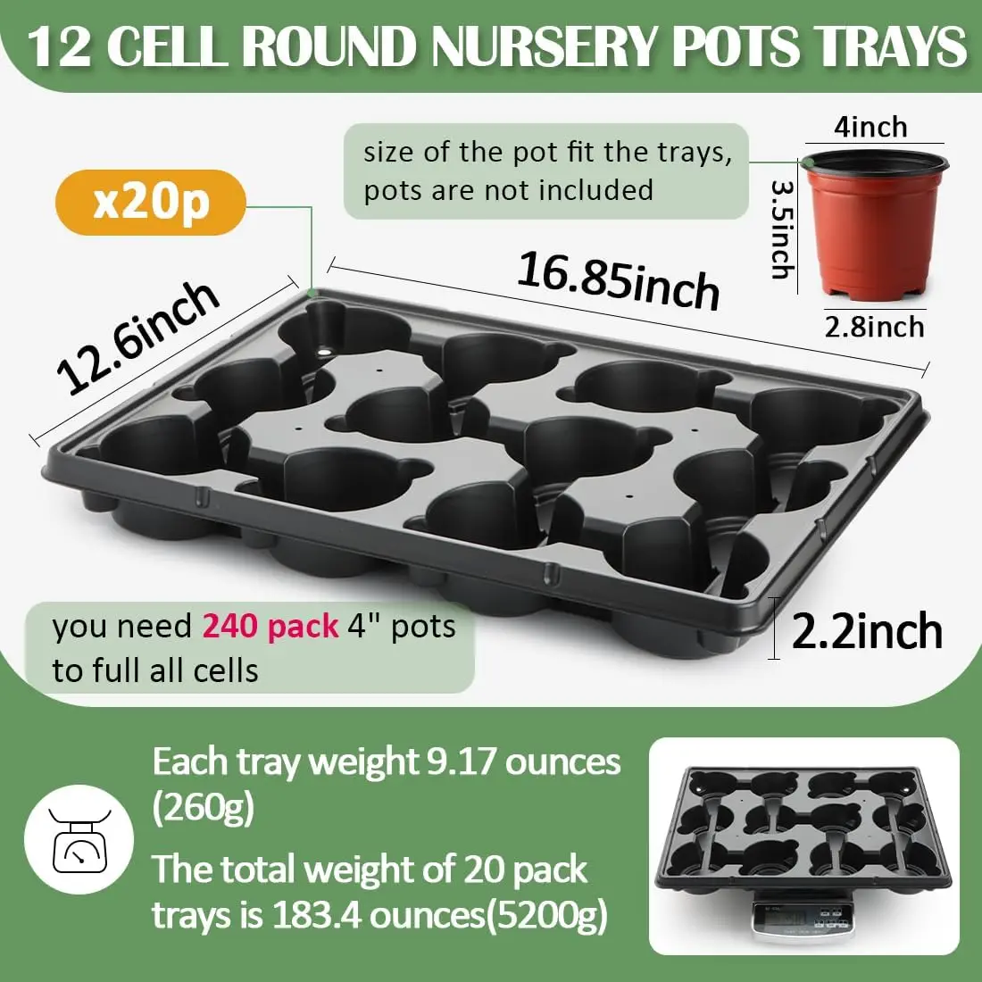 Round Nursery Pot Trays with 12 Cells, Thickened Durable Seedling Pots, Shuttle Carrying Trays for Holding 4-Inch Pots, 16.85