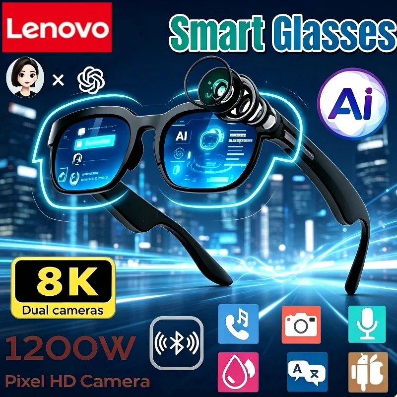 레노버 AI 스마트 안경 8MP HD 카메라 8K 촬영 AI 실시간 번역 블루투스 6.0 이어폰 통화 녹음 음악 NEW