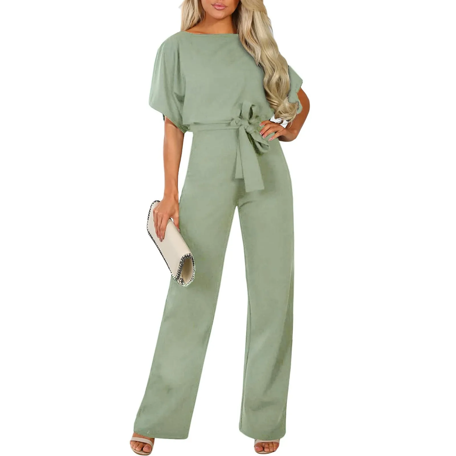 Mode Effen Kleur Veter Jumpsuit Korte Mouwen Ronde Hals Hoge Taille Jumpsuits Elegante Effen Rechte Pijpen Romper Vrouwen