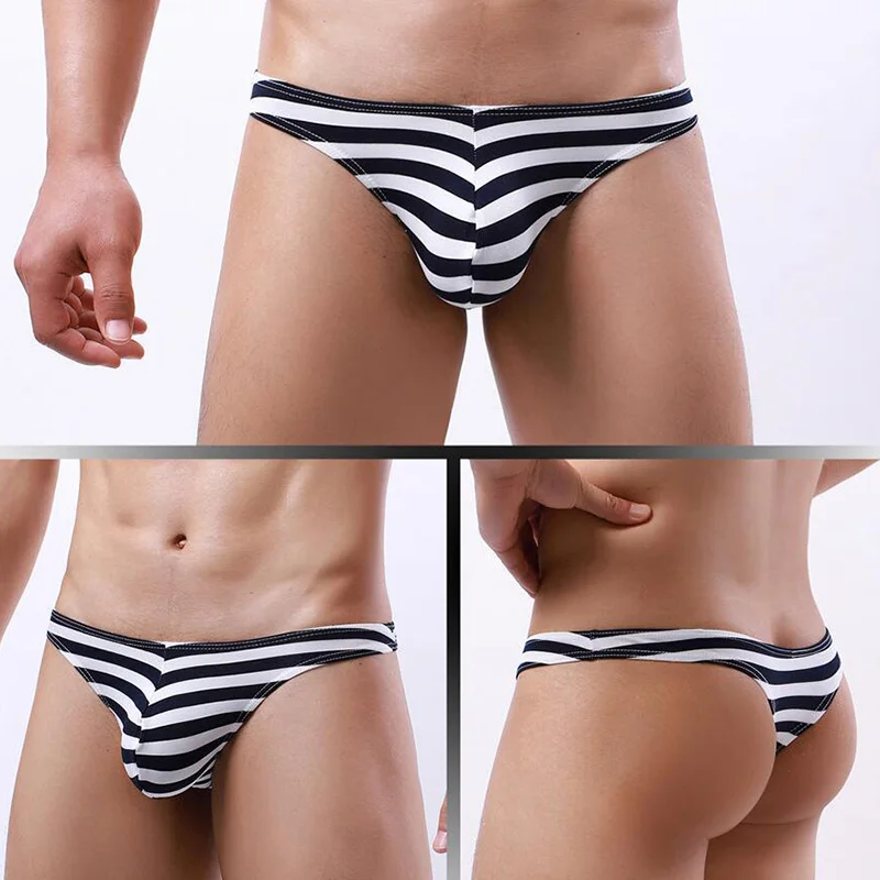 Roupa interior sexy com estampa listrada masculina, cuecas de cintura baixa, tanga de fio dental, bolsa convexa em U respirável, cueca gay erótica
