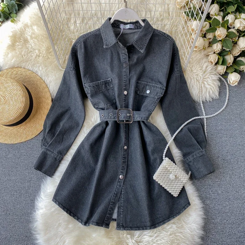 Fashion Women Jeans Dress Long Sleeve Autumn Short Bandage Ladies Black Blue Denim Dress Female Shirt Dress