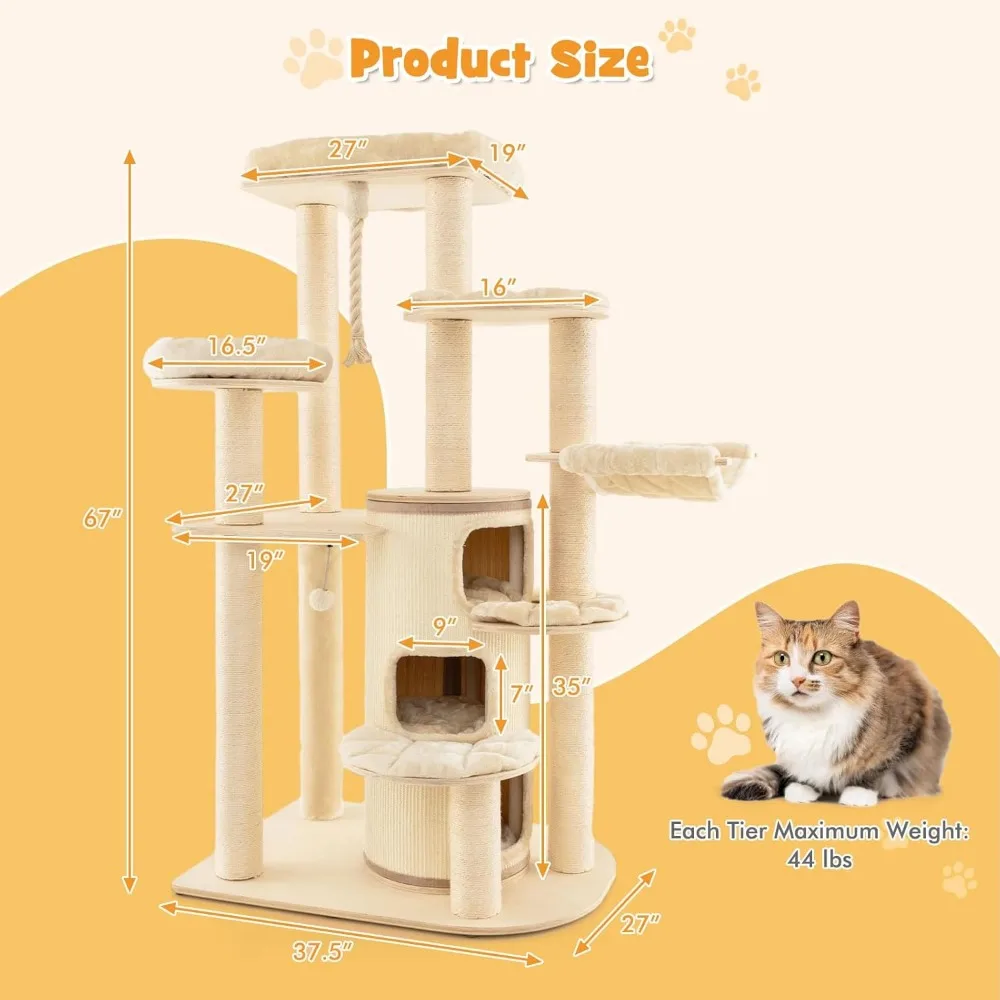 3-Story Cat Condo, Hammock, Sisal Scratching Posts, Spring Ball, Hanging Play Rope for Indoor Cats 20 lbs Heavy Duty