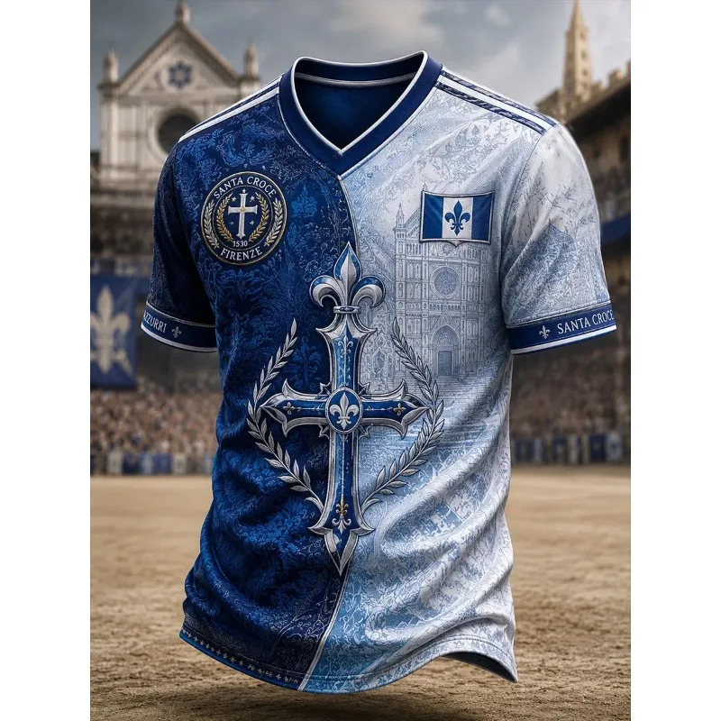 Vintage European Cross Theme Inspired 3D Soccer Jersey Blue White Split Short Sleeve Unisex Sports Fan Top for Football Lovers