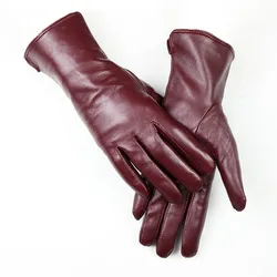 Women's Sheepskin Gloves Fashion Color Leather Simple Style Wool Lining Spring and Autumn Warmth Finger Gloves