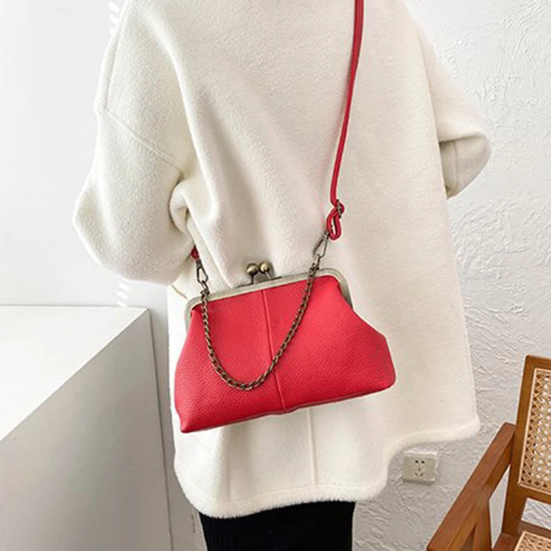 Vintage Soft Skin Shell Tasche Neue Lychee Muster Handtasche Einfache und vielseitige Umhängetasche Clip Kette Umhängetasche Damen Tasche – Detail 4