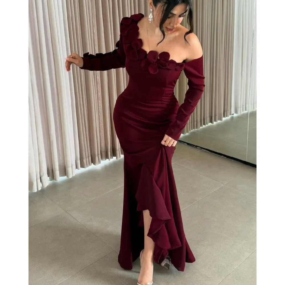 Robe de soirée bordeaux pour femmes, élégante, épaules dénudées, fleurs, longueur cheville, robe de bal sirène, manches longues, robe formelle personnalisée