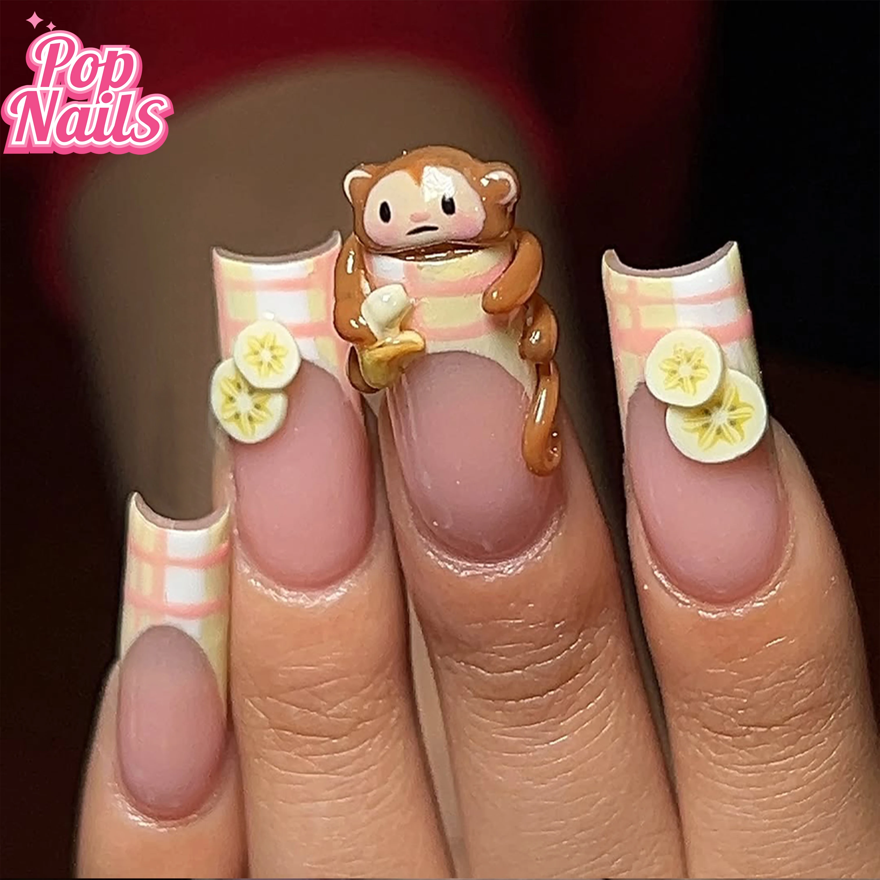 

Nails 3D Monkey Handmade Nail Art Acrylic Thick Pink Yellow Monkey Trendy 3D Handmade Presson Kawaii Fake Square Press on Nails
