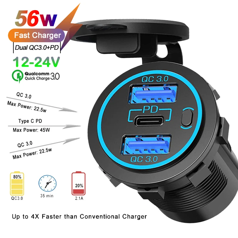 

Dual QC3.0 USB Outlet 30W PD Type-C Charger Ports Fast Car Charger Socket Adapter for 12/24V Car RV Boat Marine Truck Motorcycle
