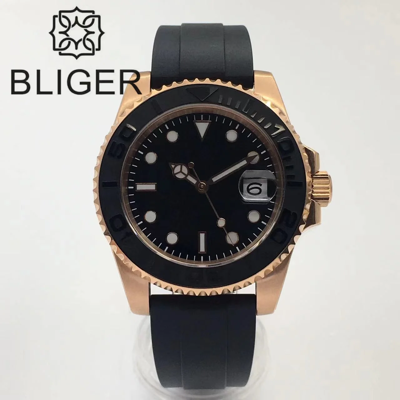 

BLIGER 40mm Black NH35A MIYOTA 8215 PT5000 Automatic Mens Watch Sapphire Glass Curved Rubber Strap 3 o'clock Luminous Black Dial