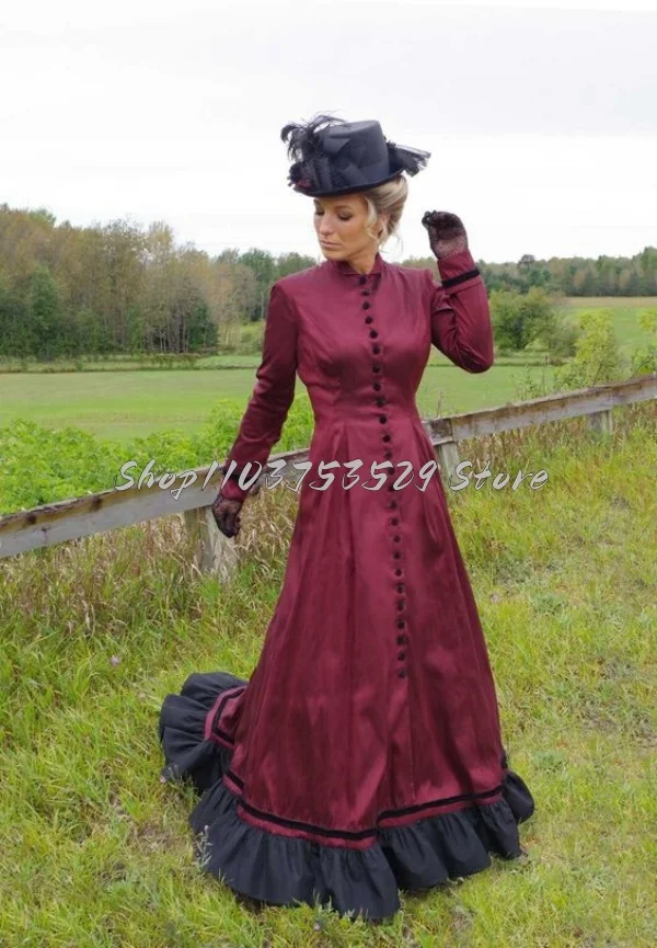 Burgundy Classic Victorian Prom Dress Vintage Corset Button Long Sleeve Gothic Ruffle Ruffle Masquerade Mardi Gras Gowns