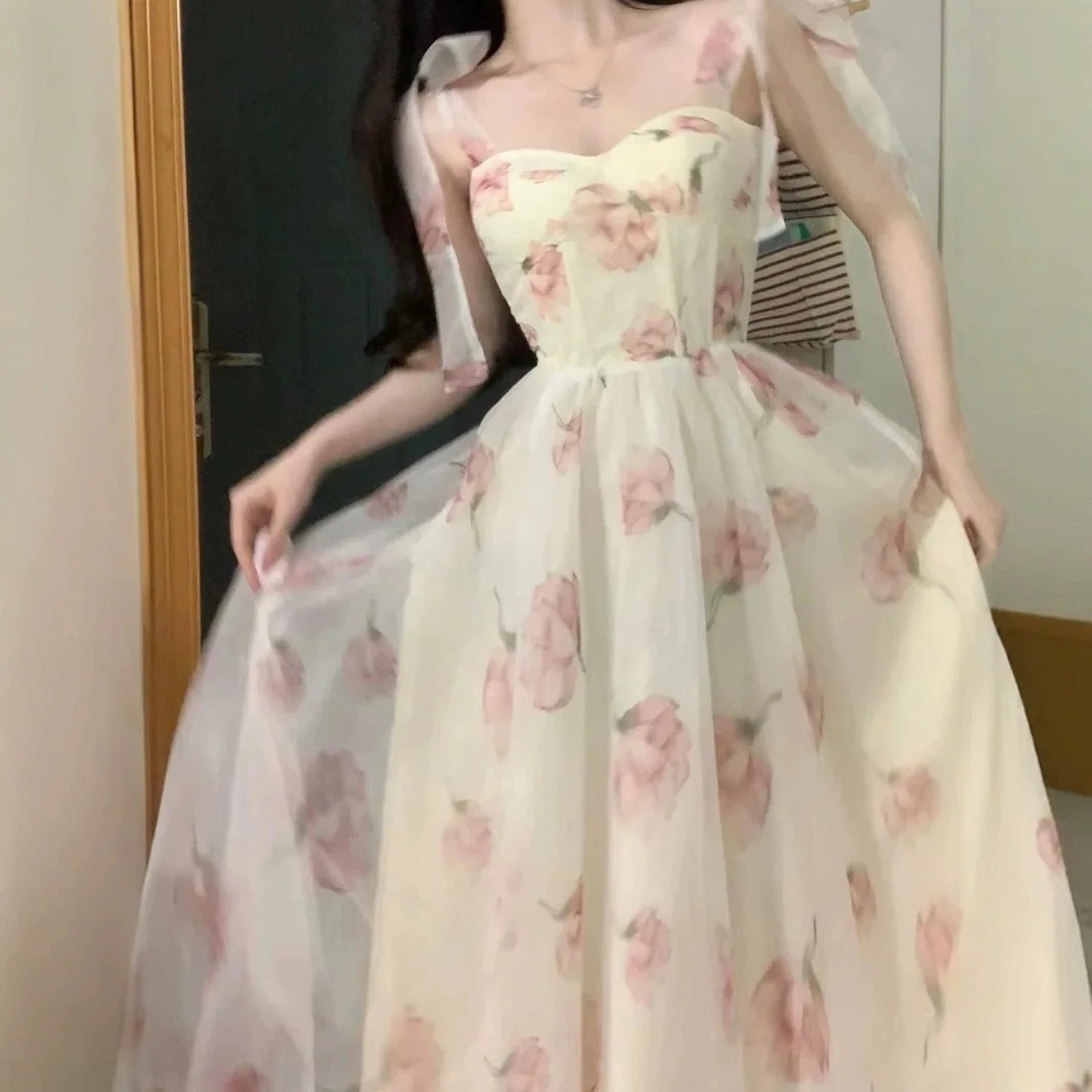 

2025 New Sweet Elegant Floral Strap Dress Women Causal Fashion Korean Long Fairy Dresses Female Summer Evening Party Dress