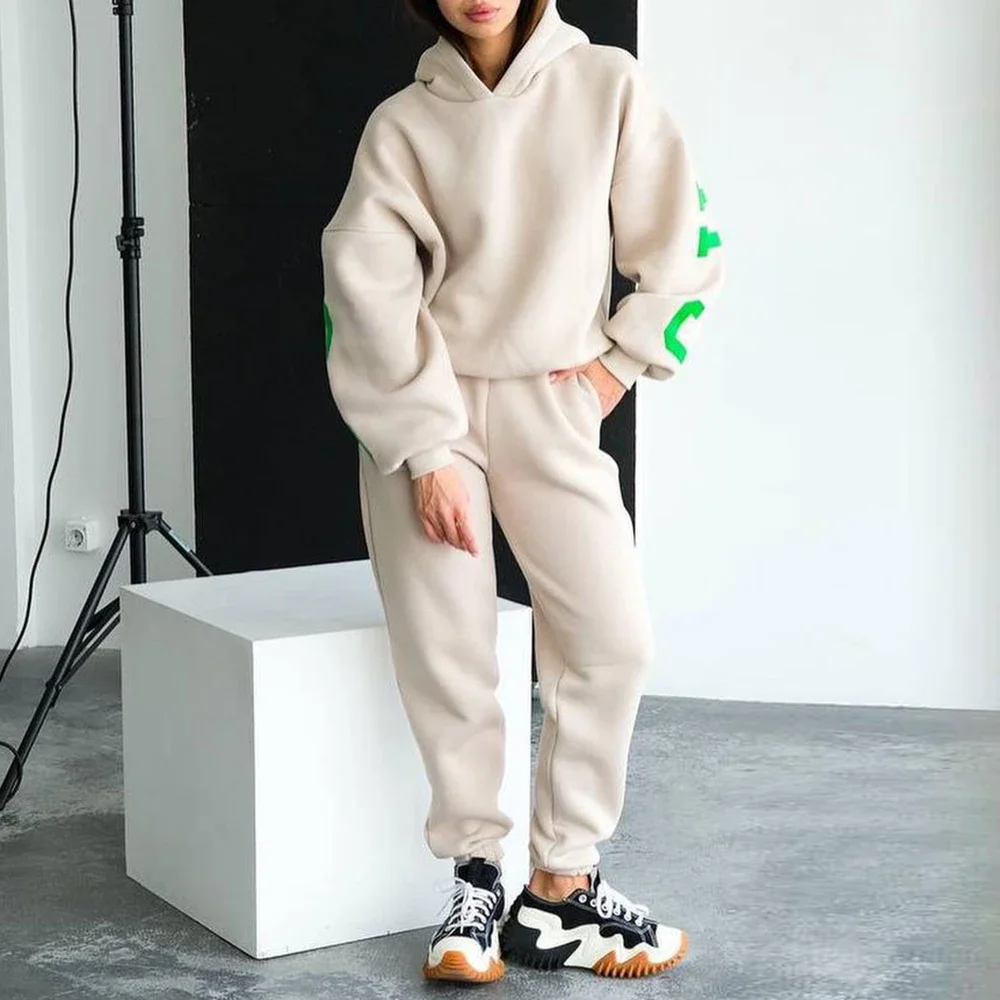 レディースセット オールシーズン シンプル 上品 長袖 ラウンドネック ナチュラルウエスト フルレングス レタープリント フード付き スポーティ レディースセット