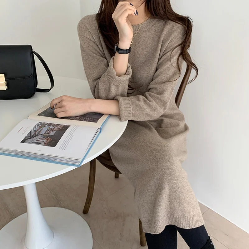 

Winter New Sweater Dress Women Woman Korean Autumn Solid Vintage Dresses Knitted Clothing Warm Thick 2022 Elegant Khaki Vestido