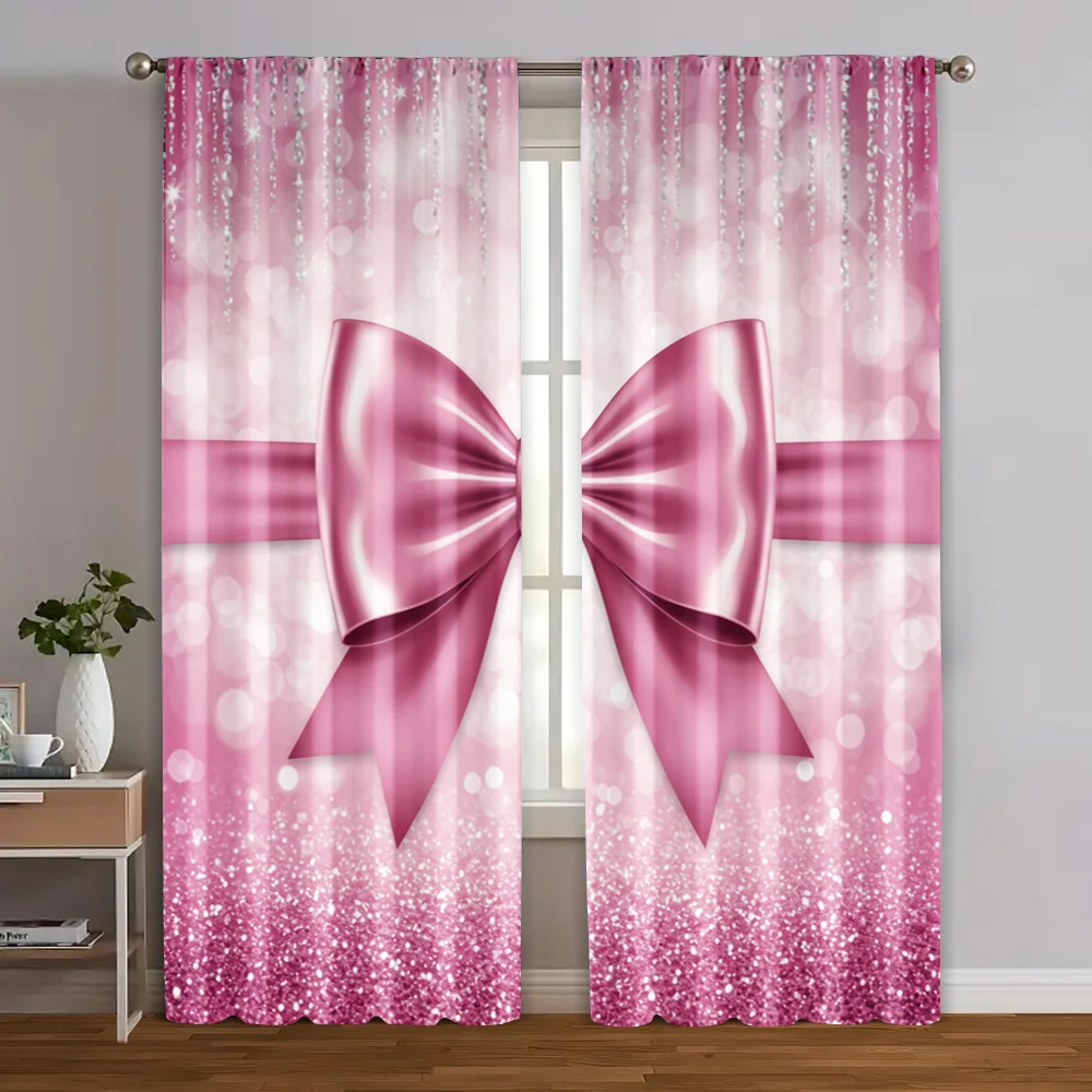 2 unidades, cortinas con estampado de lazo rosa, tela de poliéster versátil, sin electricidad, fiesta familiar, adecuada para fiestas y todos los días