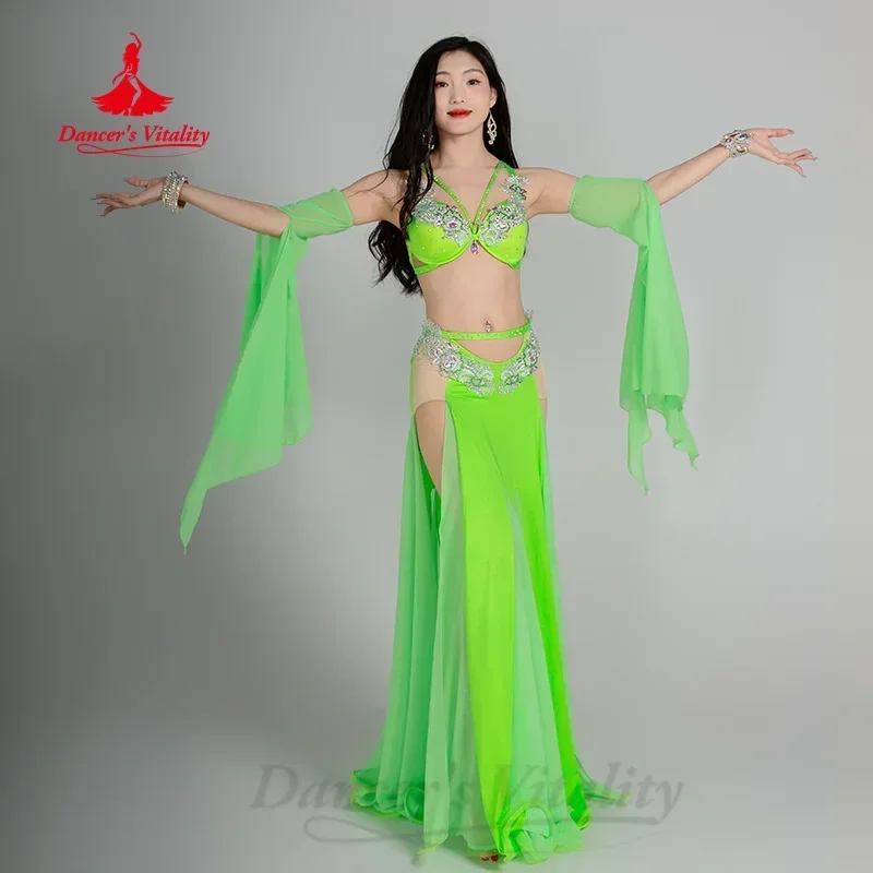 Belly Dancer Costume for Women Senior AB Stones Bra +Sleeves+Chiffon Long Skirt 3pcs Adult Oriental Dancing Performance Outfit