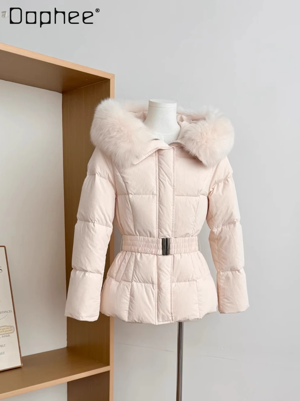 

Korean Chic Trendy Hooded Fox Fur Collar 90 White Duck Down Slim Down Jacket Women Winter New Elegant Fairy Style Pink Jacket