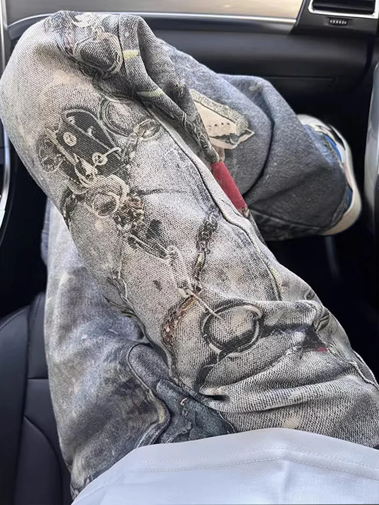 

Джинсы свободного кроя в стиле хип-хоп с 3D-принтом, молодежные, модные, в американском стиле, для уличной моды, с эффектом потертости, длинные брюки из денима