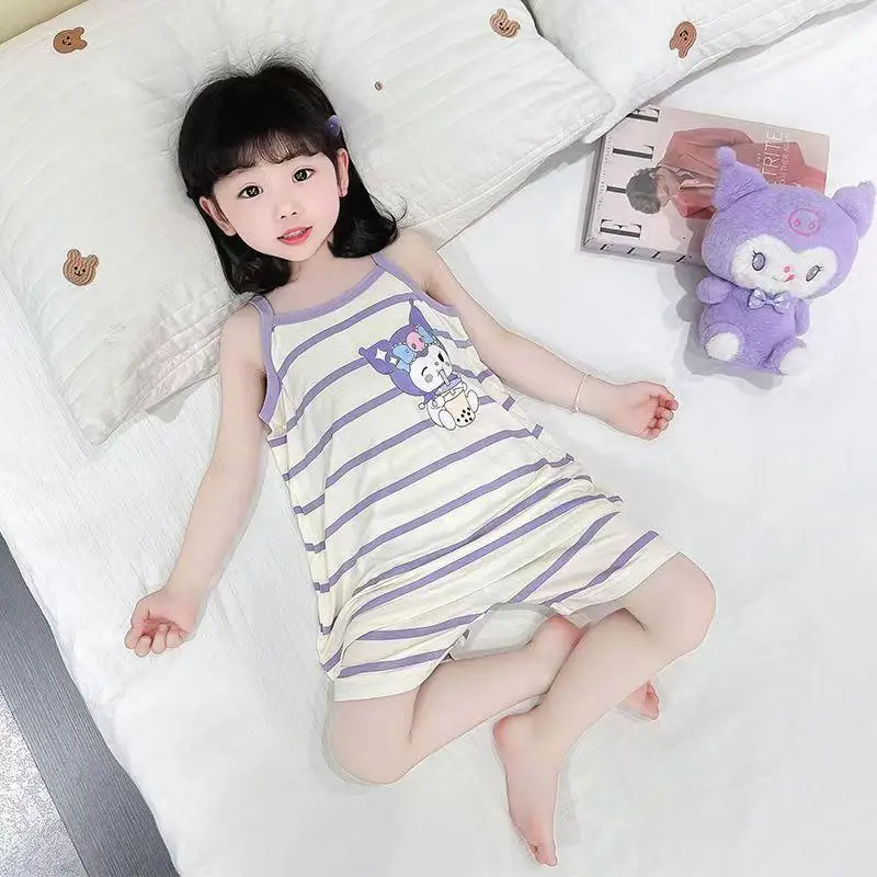 

Sanrio Children Pajamas 2Pcs Sets Kuromi Kawaii Girl Sets Home Wear Cartoon Anime Summer Sleeveless Loungewear Comfort Nightwear