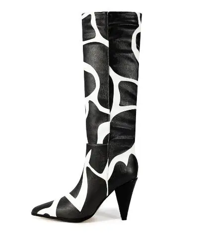 

Drop Shipping Women Black White Mixed Color Zebra Print Pointed Toe Spike Heels Knee High Boots Ladies Modern Long Boots Shoes