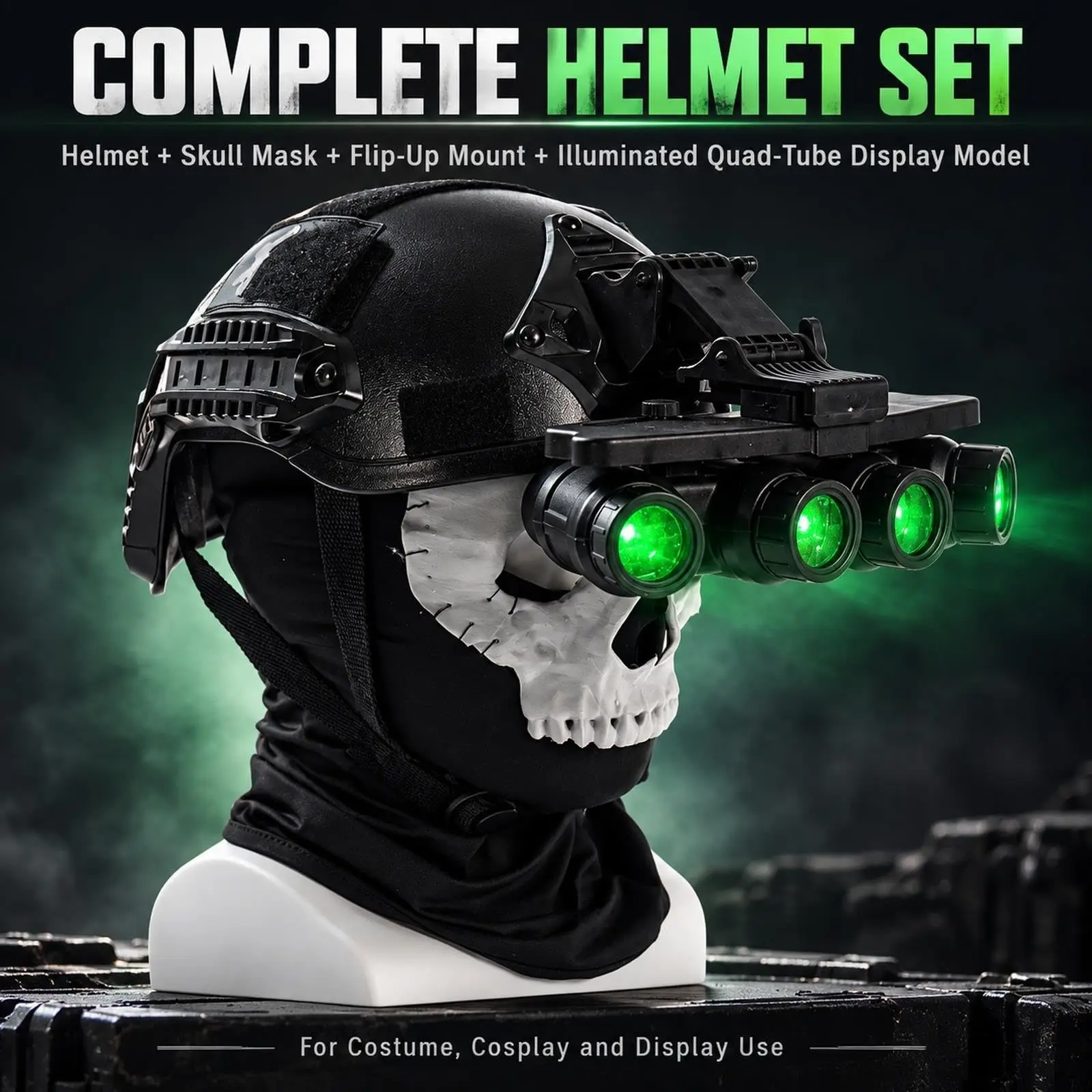 Kids Cosplay Helmet Set with Skull Mask, Green-Lit Quad-Tube NVG Model, Modular Shell, Front Mount, Side Rails & Flip-Up Bracket