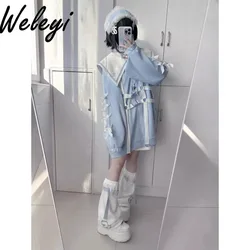 Jirai Kei Clothes Kawaii Shorts Two Piece Set Ropa De Mujer Autumn Fashion Sweet Cross Sailor Collar Bow Strap Sportswear Jacket