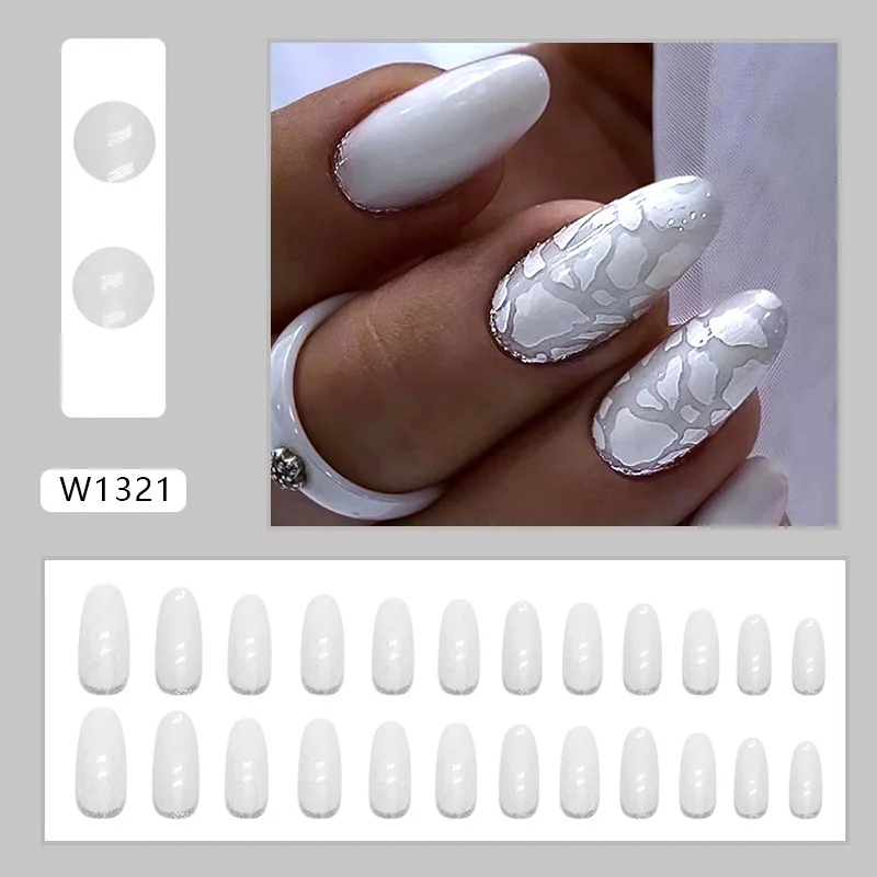 

24Pcs Long Almond Press on Nails - Eggshell White with Gold Foil Crackle Design | Minimalist Luxury Full Cover Manicure Set