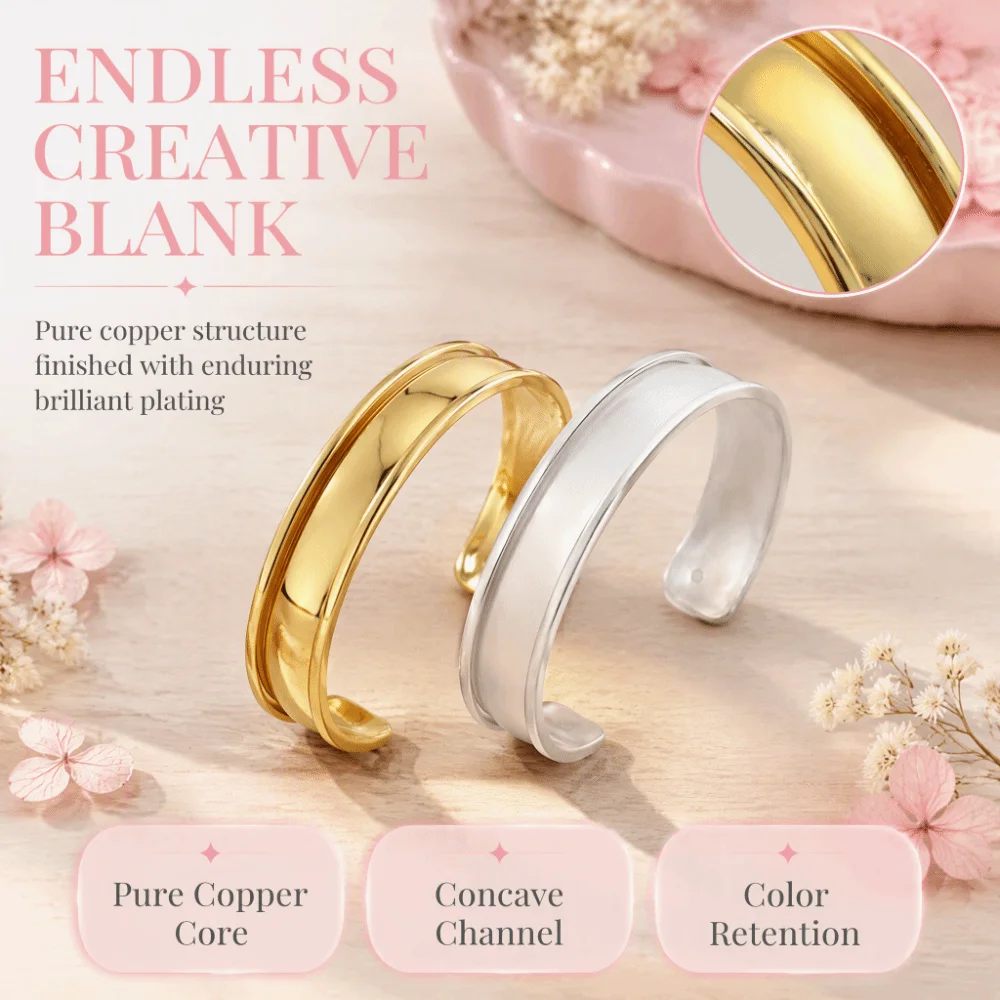 18K Genuine Gold Wide Open Bangle Smooth Minimalist Wide Concave Groove DIY Bracelet Pure Copper Fashion Simple Bracelet Base