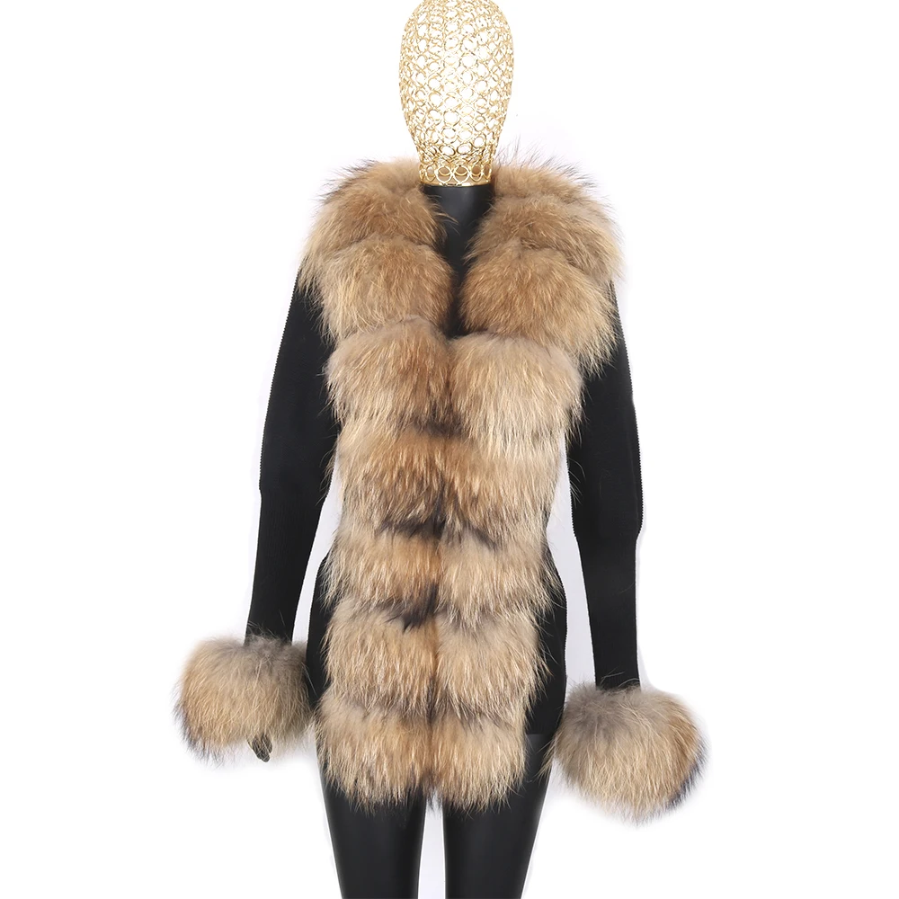 Autunno inverno donna maglione lavorato a maglia Cardigan con collo in vera pelliccia di volpe Trim Lady Fashion maglieria vera pelliccia di volpe
