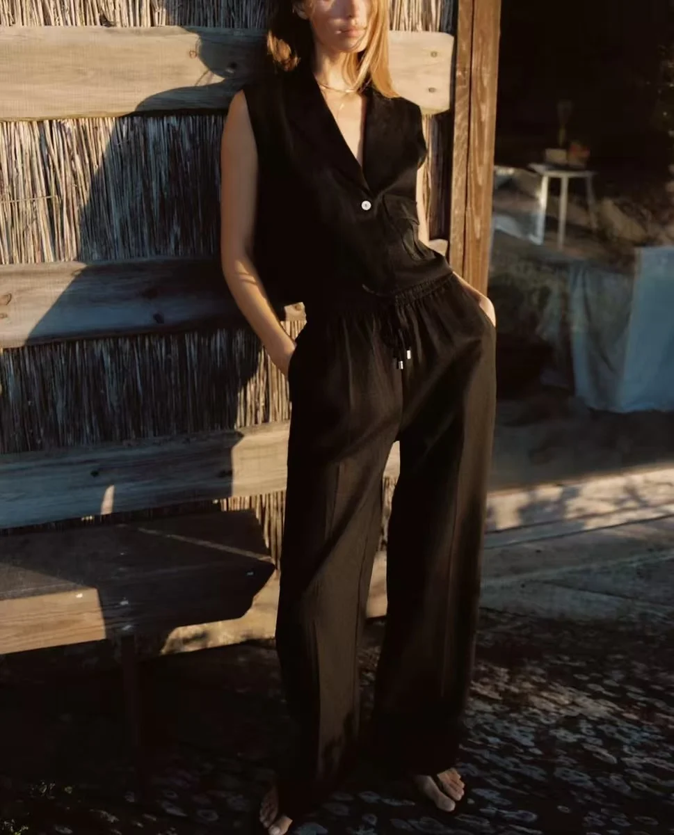 YY0362 ZA25 Summer New Women's Fashion European and American Style Versatile Solid Color Button Suit Collar Vest 2373709