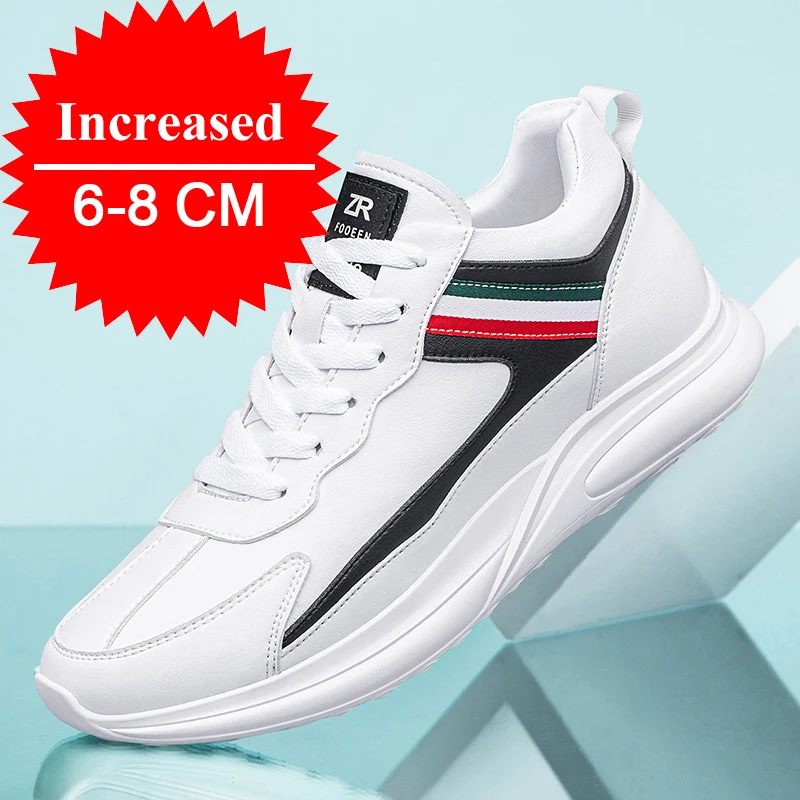 New Men Height Increasing Shoes 8cm Casual Shoes White Sports Shoes Men Invisible Leather Shoes Inner Height 6cm Elevator Shoes