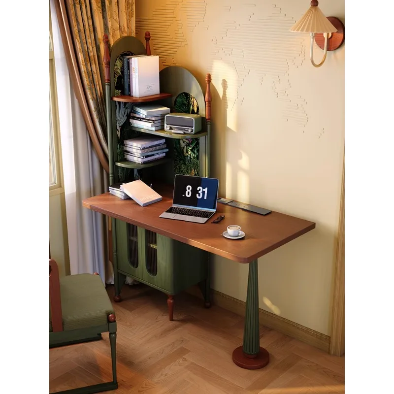

French medieval solid wood corner bookshelf desk integrated