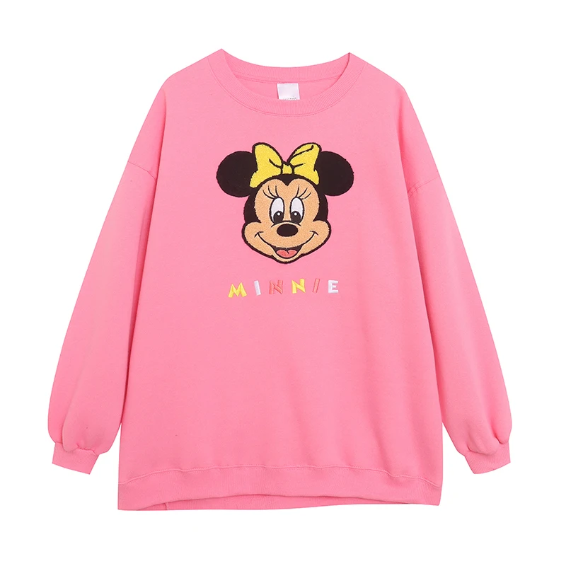 Warm Fleece Lined Sweatshirt Sweet Cute Cartoon Animation Towel Embroidery Loose Fit round Neck Pullover Ladies Jacket
