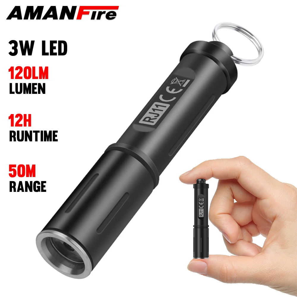 Amanfire RJ11 Keychain Flashlight 120LM Mini Torch 3W LED Light Waterproof IP67 Portable EDC Lighting