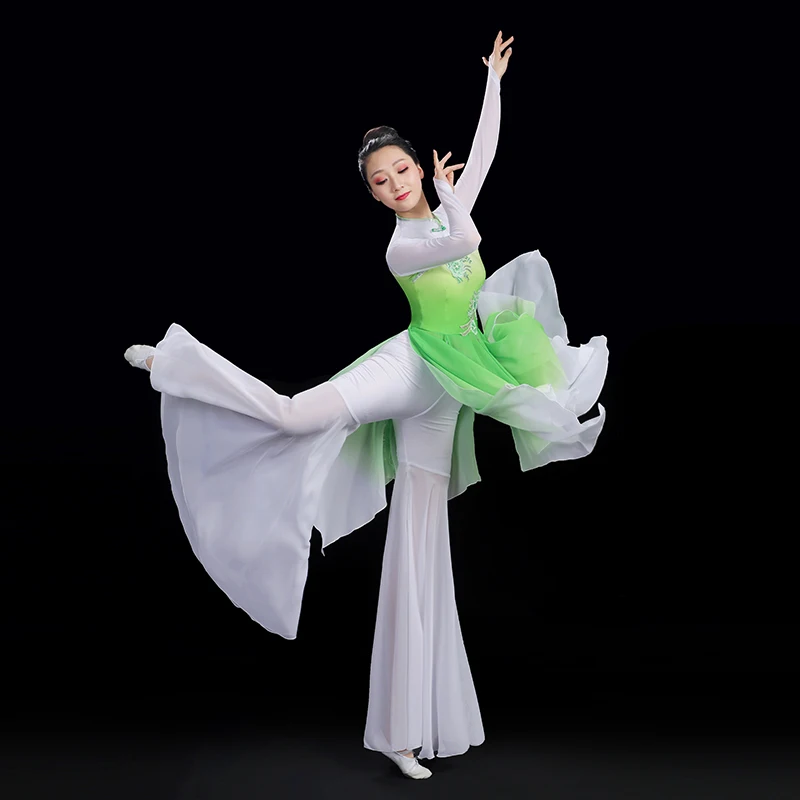 Green Yangko Costume Women Long Dress Shirt Skirt Pant Flowy Elegant Chinese Traditional Folk Dance Hanfu Square Dancer Show New