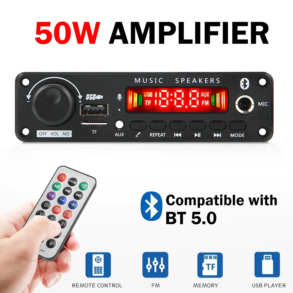 

50W Bluetooth 5.0 decoder board 6.5MM microphone amplifier decoder board FM decoder recording call lossless motherboard DC 6-18V