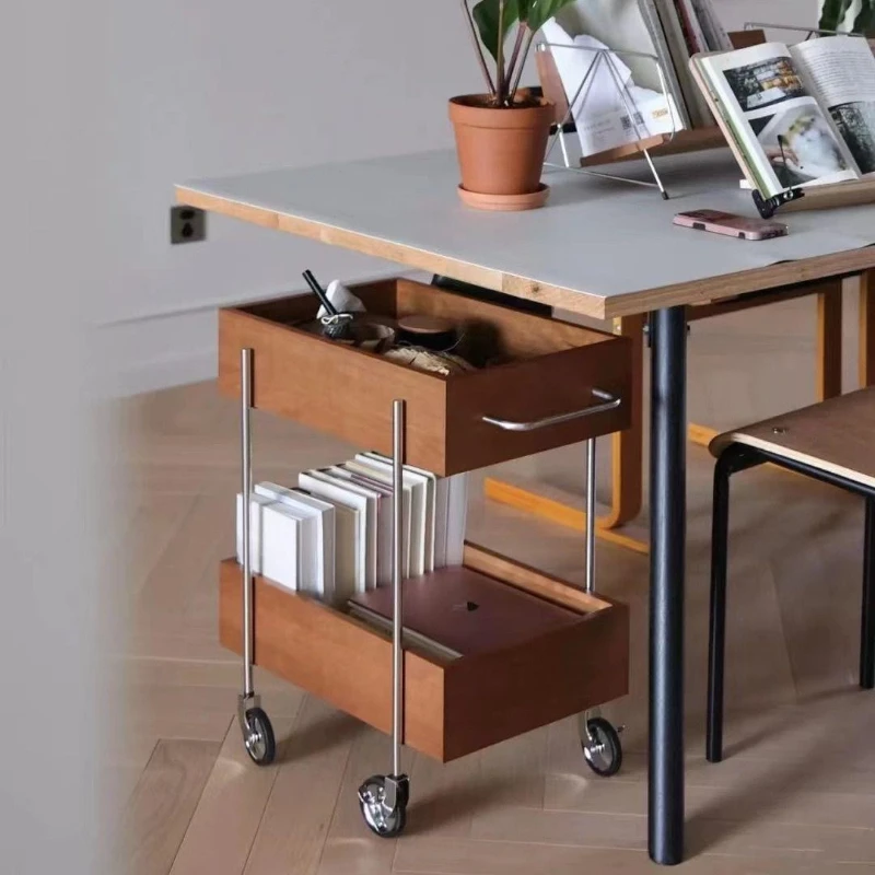 Solid wood cart room, sofa storage cabinet, household multi layer snacks, bedside shelves movable medieval edge