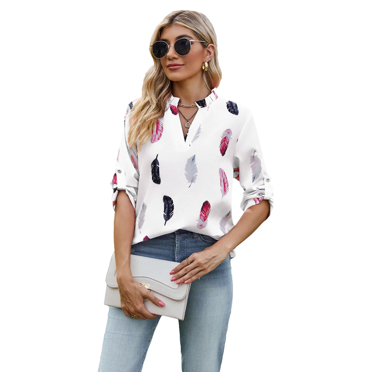 Fashion Women's Feather Print Blouse Tops Spring Summer New Female Clothing Streetwear Loose Three-quarter Sleeve V-neck Shirts