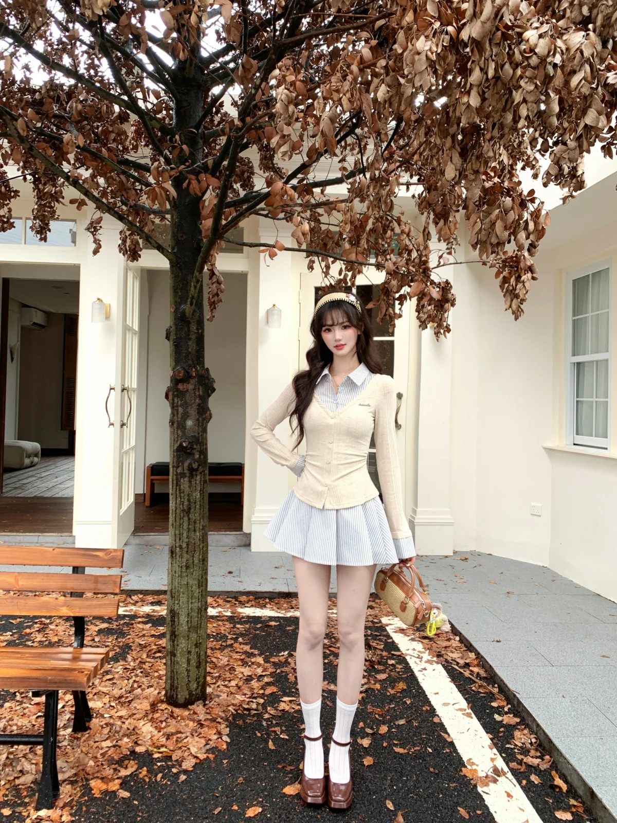 

Корейская юбка-миди в клетку для студенток, имитация двухслойной, с длинным рукавом, с завышенной талией, А-силуэт, для повседневной носки