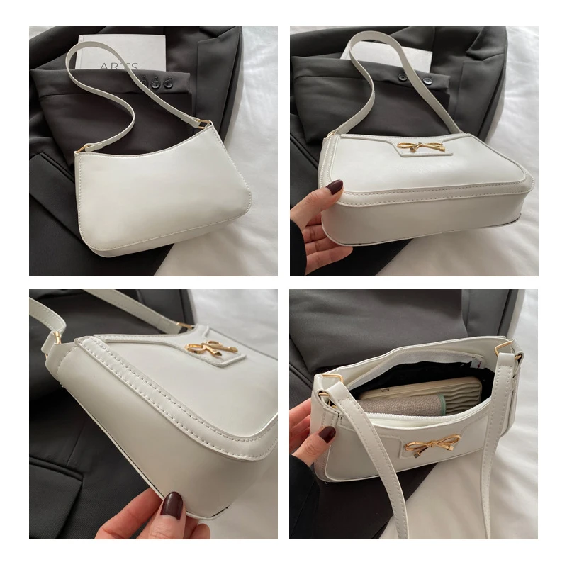 حقيبة نسائية عصرية من جلد البولي يوريثان لعام 2025 تحت الإبط مع سحاب إغلاق وديكور فيونكة ذهبية محفظة كروس أنيقة غير رسمية للاستخدام اليومي