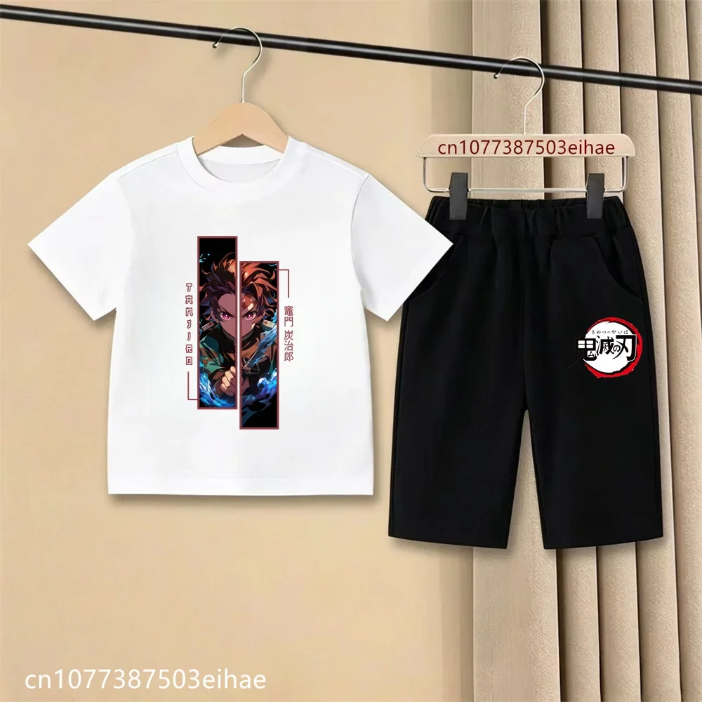 Kids Demon Slayer Anime Print T-Shirt Casual Shorts Ghost Blade Pattern Boys Girls Summer Party Casual Two Piece Costume Set