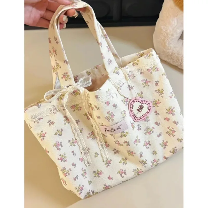 

Fragmented Canvas Tote Bag 2024 Korea New Forest Flower Print White Commuting Shoulder Bag Open Phone Bag Large Capacity Handbag