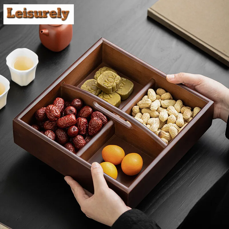 Four-grid Portable Walnut Dried Fruit Box for Cooking Tea Stove, Creative Snack Tray, Home Living Room Melon and Fruit Plate