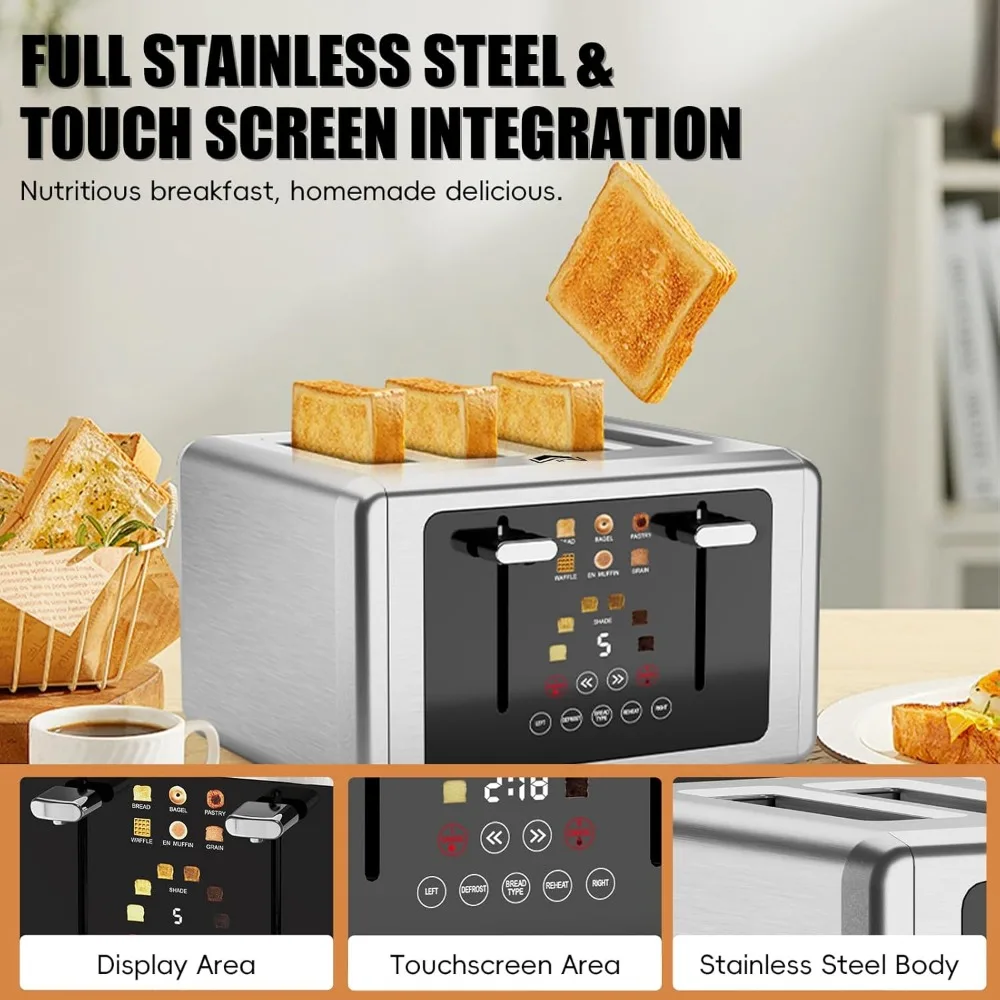 Touchscreen & Dual Independent Control Panel，5 Basic Functions & Digital Countdown Toasters, 6 Shade Settings＆6 Bread Types