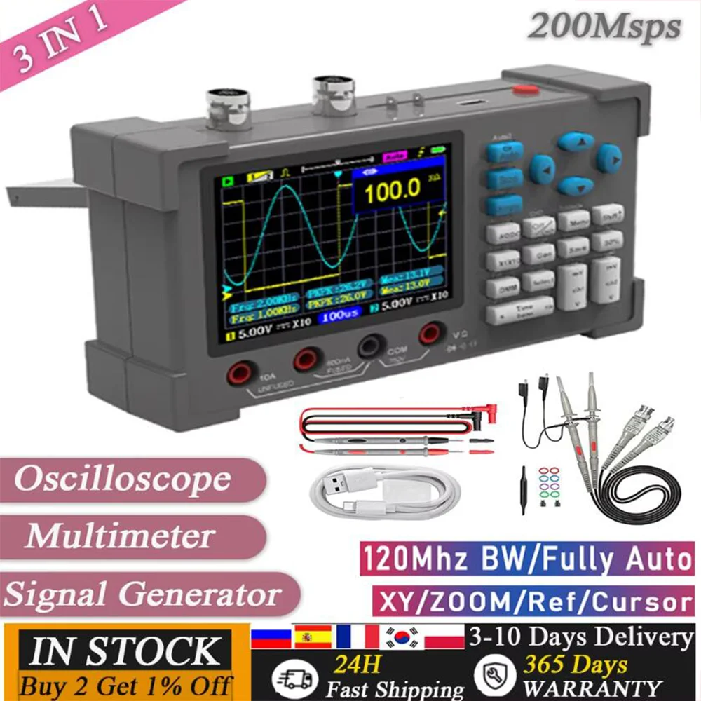 3in1 Oscilloscope Multimeter Signal Generator Machine 3.2inch Oscope Meter Oscilloscope 120Mhz Bandwidth 250MSa/s Sampling Rate