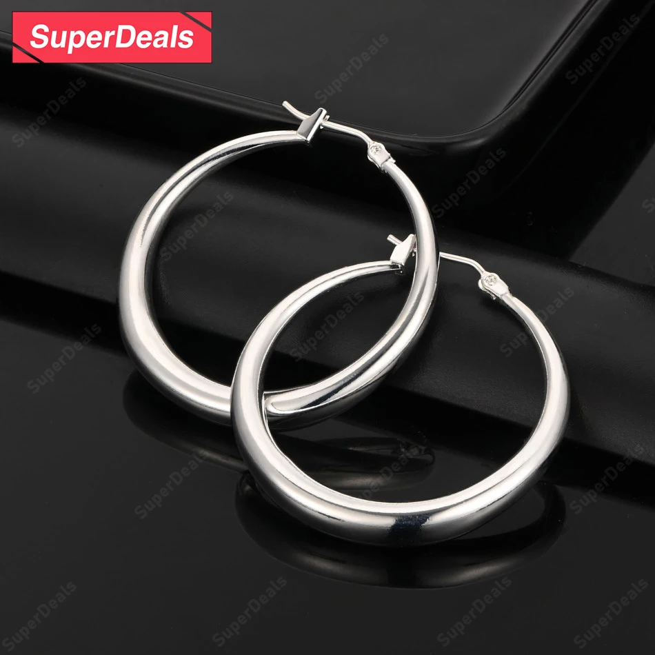 

SuperDeals 36mm 925 Sterling Silver Smooth Round Hoop Earrings Women Fashion Fine Jewelry Birthday Party Wedding Banquet Gift