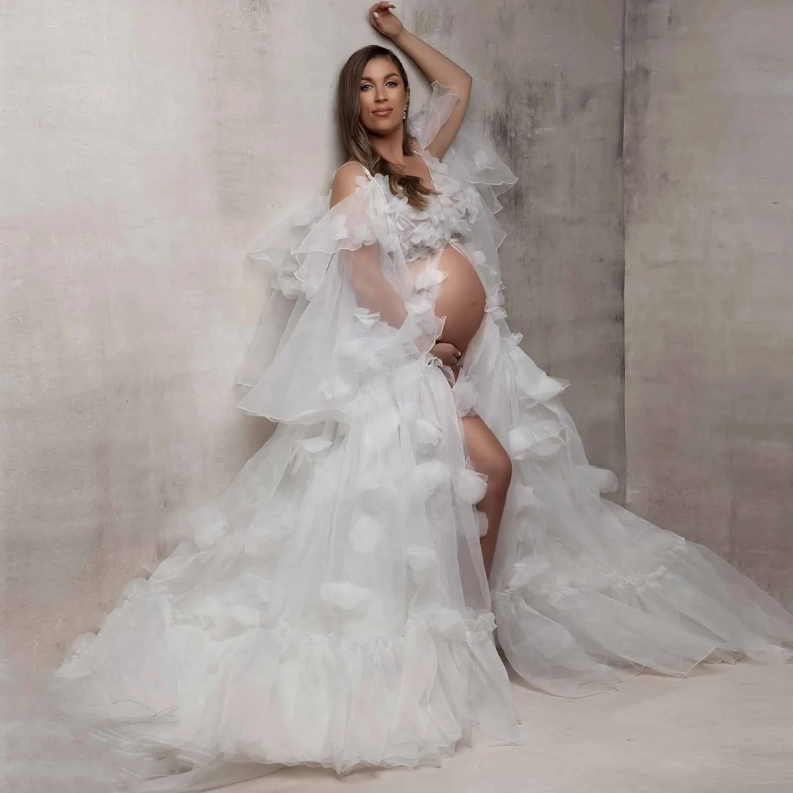 Bohemian Photo Shooting Pregnancy Dress Floral Tulle Maternity Long  V-neck Elegant White Maternity Dress For Photoshoot