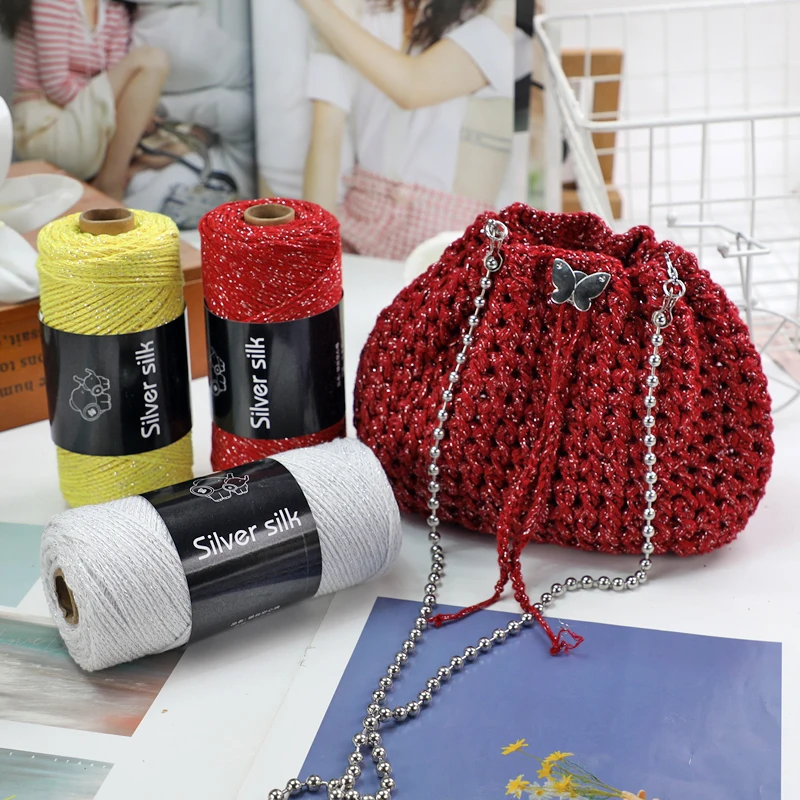 300g Hollow Yarn with Bright Silk, Silver Shiny Silk Yarn, Used for Handmade DIY Materials, Knitted Fashion Bags, Handbags, Cool Hats, Shoulder Bags, Shoes and Other Accessories, Gauze 100% Polyester Fiber 1 Bag = 2 = 300g