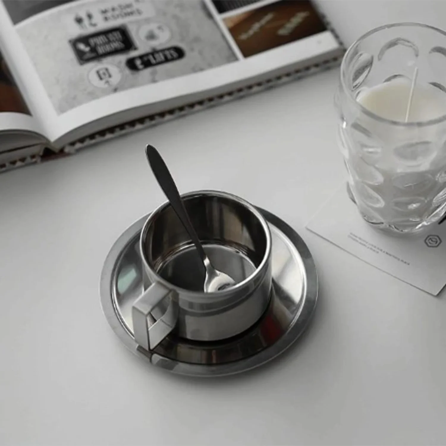 180ml/200ml Coffee Cup Double Layer Hot Resistant Coffee Cup Set Stainless Steel Tea Cup With Plate and Spoon