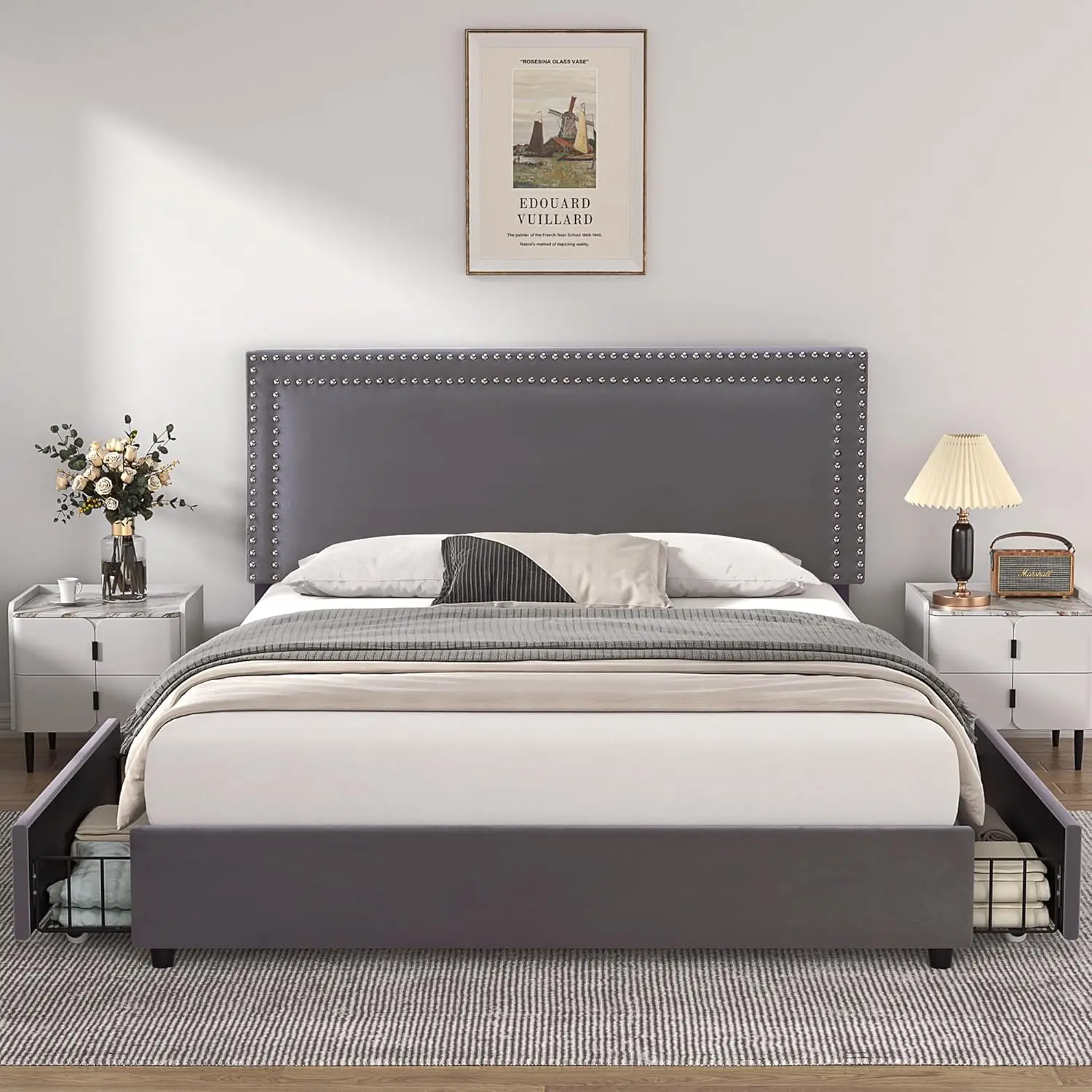 Vecelo-Queen Size Estofados Plataforma Cama Frame, 4 Gavetas De Armazenamento, Veludo Ajustável Rebites Cabeceira, Ripas De Madeira