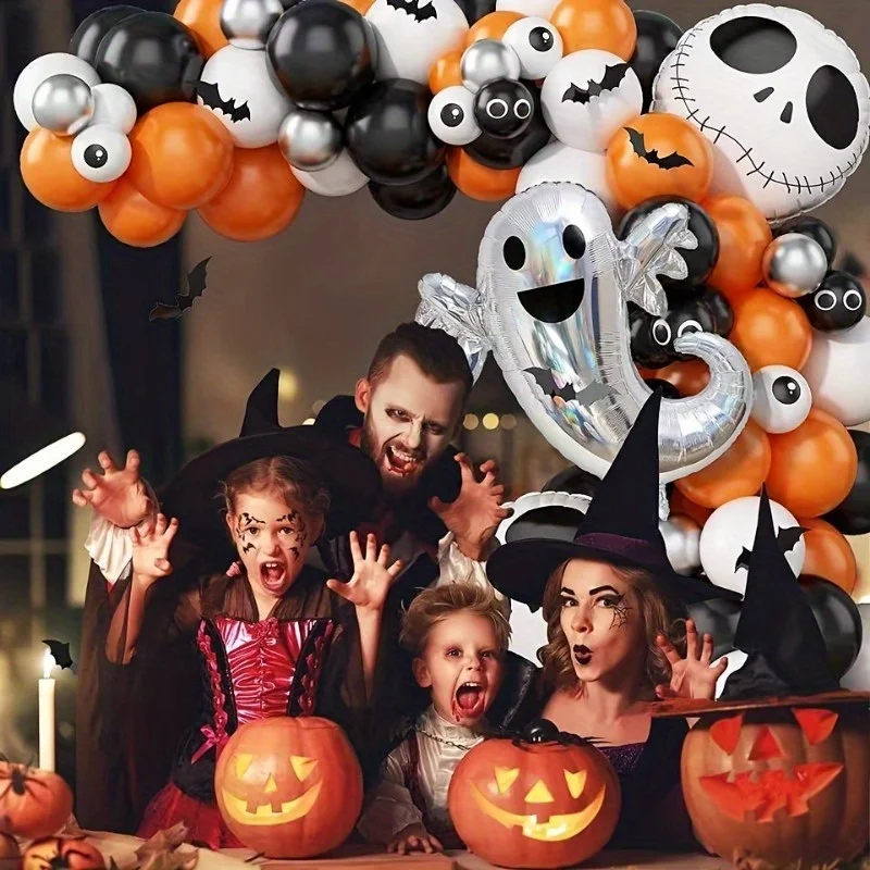 

94 orange black balloon wreath arch set with ghostly skull balloons, used for Halloween decoration with a terrifying atmosphere